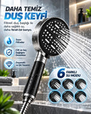 Büyük Panelli 6 Farklı Su Modlu Filtreli Duş Başlığı Siyah Metalik Tasarım - 1