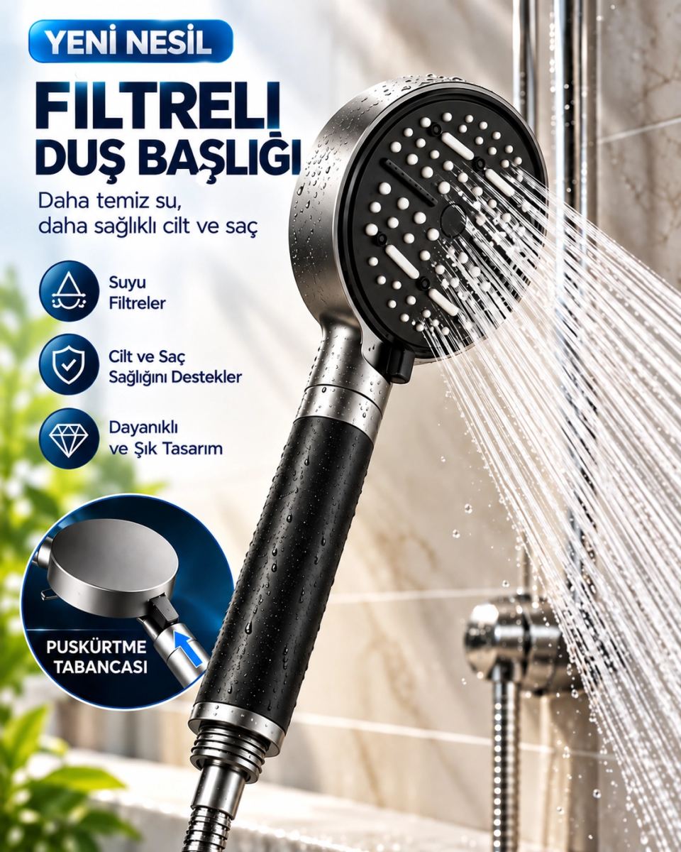 Modern Tasarımlı 6 Modlu Filtreli Duş Başlığı Büyük Panel Metalik Siyah Duş Atı