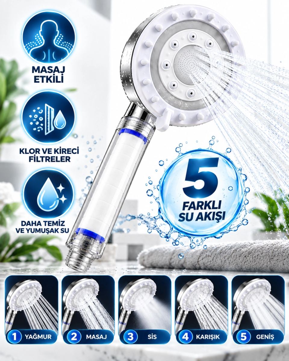 Beyaz Filtreli Duş Başlığı 5 Farklı Su Akışı Masaj Etkili Klor Ve Kireç Filtreleme