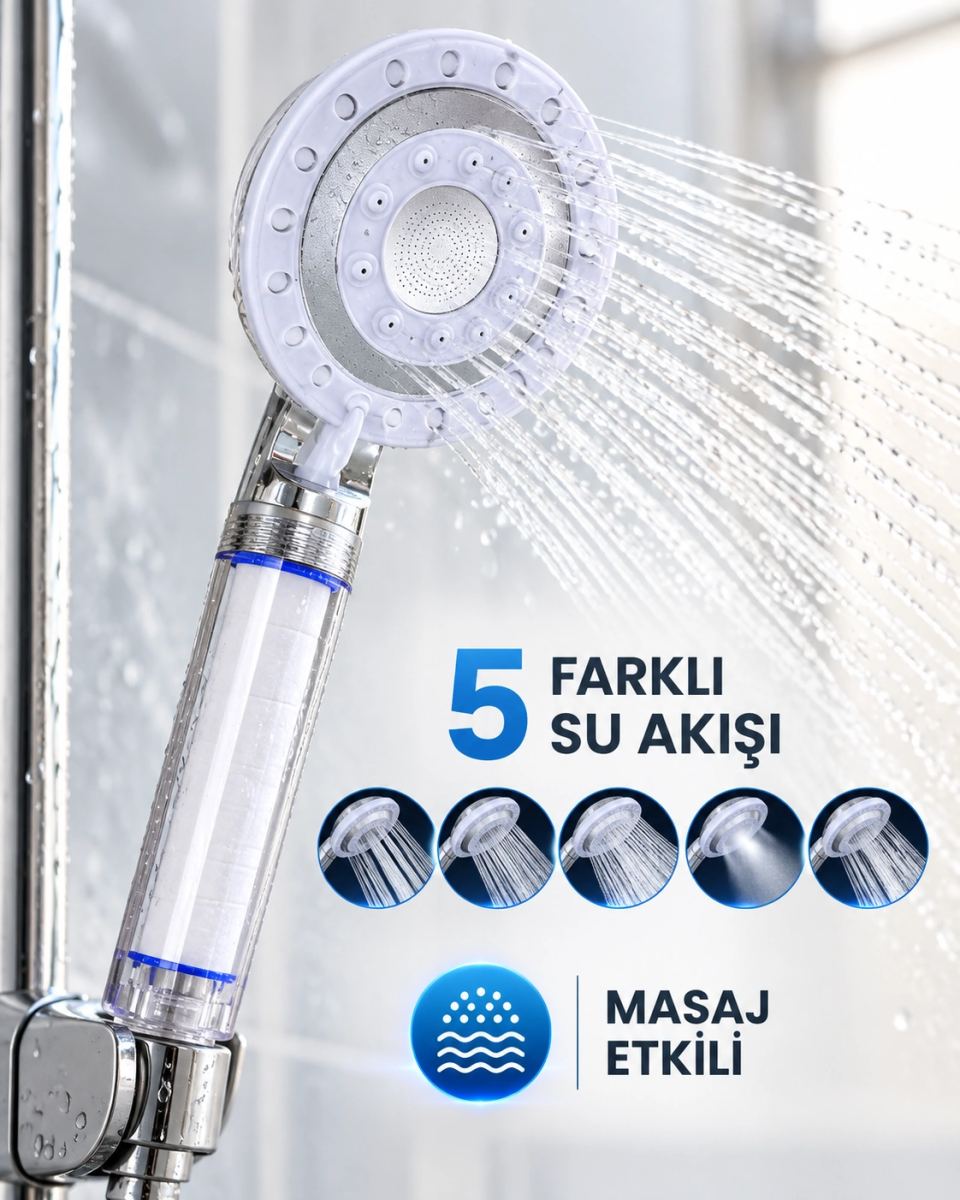 Masaj Etkili Filtreli Duş Başlığı 5 Fonksiyonlu Yağmur Sis Geniş Su Akışı