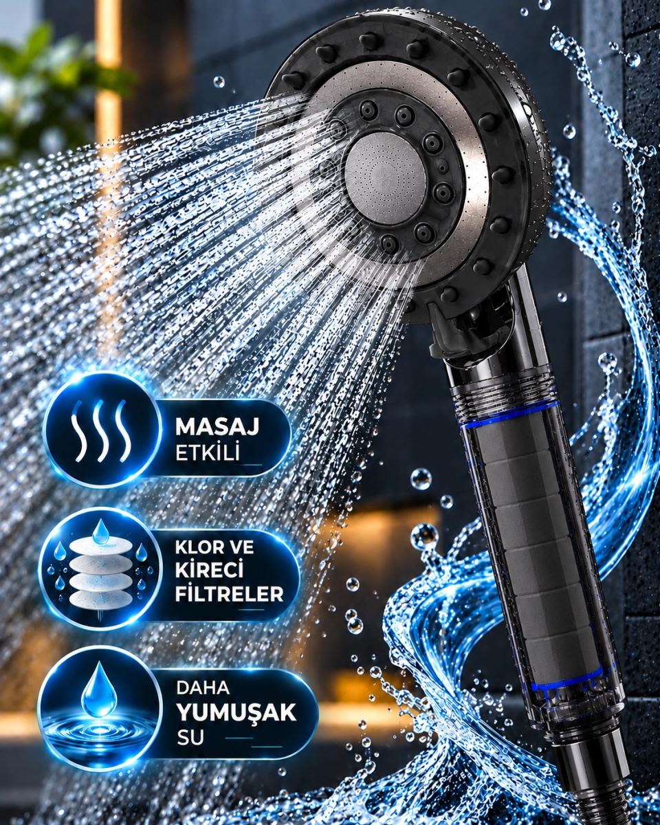 Filtreli Duş Başlığı 5 Fonksiyonlu Masaj Etkili Klor Ve Kireç Filtreli Siyah Duş Başlığı