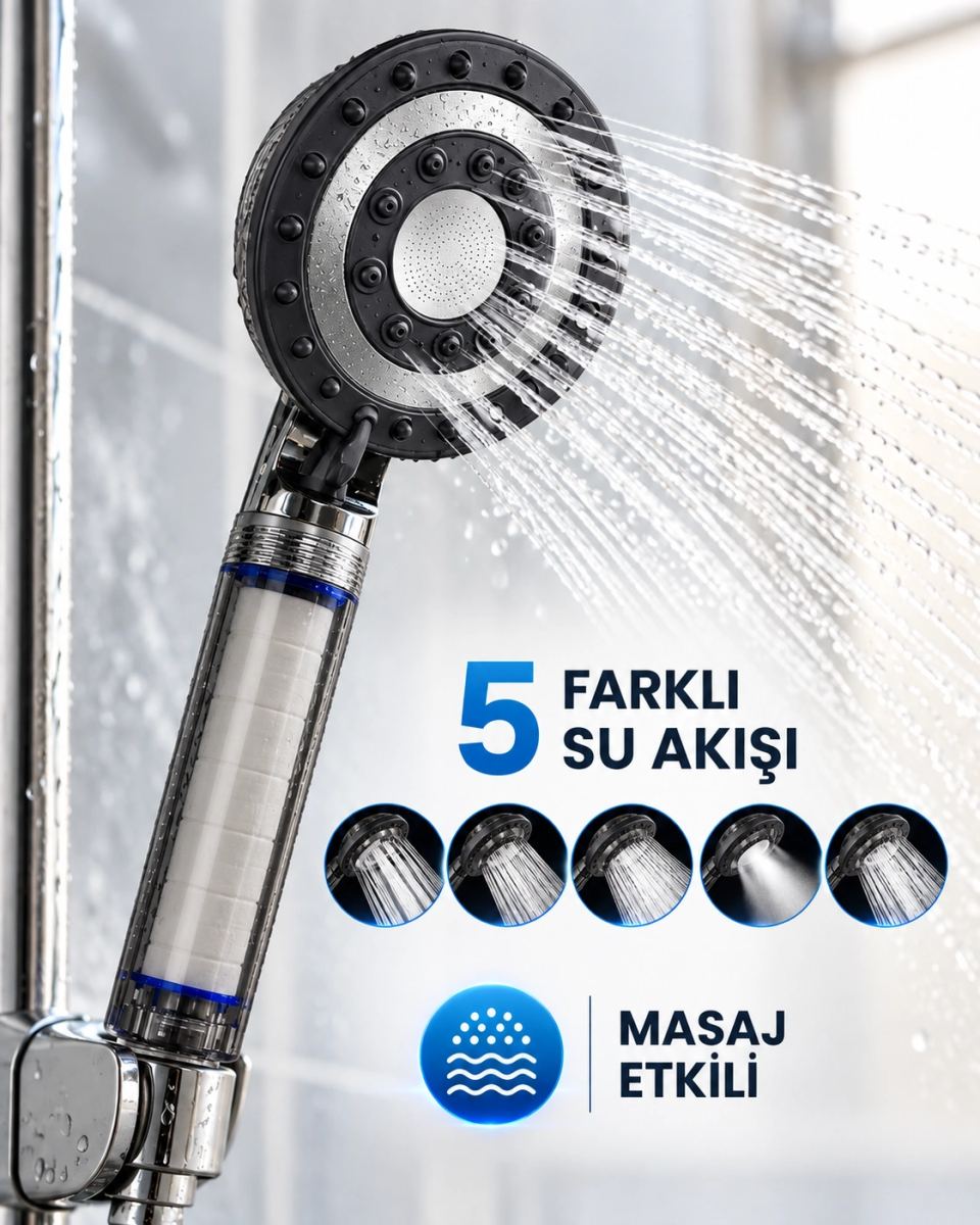Siyah Filtreli Duş Başlığı 5 Farklı Su Akışı Masaj Etkili Klor Ve Kireç Filtreleme