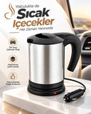 Yolculuk Ve Seyahat İçin 12v Araç Uyumlu Paslanmaz Çelik Elektrikli Su Isıtıcı Kettle - 1