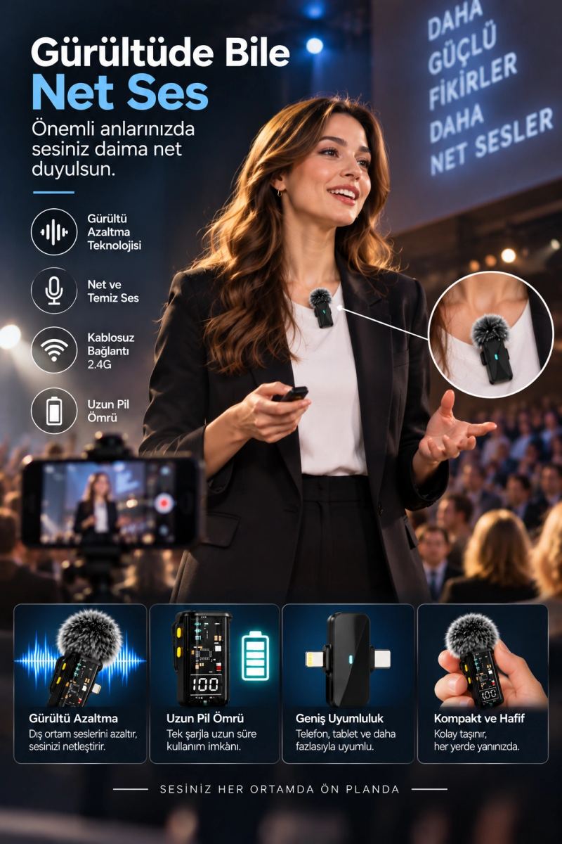 2.4g Kablosuz Yaka Mikrofonu Uzun Pil Ömrü Ve Dijital Ekranlı