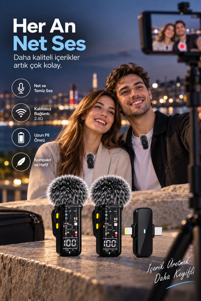 Kablosuz Çift Yaka Mikrofonu Gürültü Azaltma Ve Dijital Ekranlı