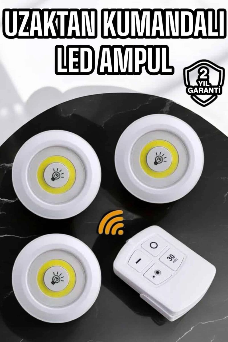 Spot Lamba Led Işık 3'lü Uzaktan Kumandalı Pilli Yapışkanlı Kablosuz