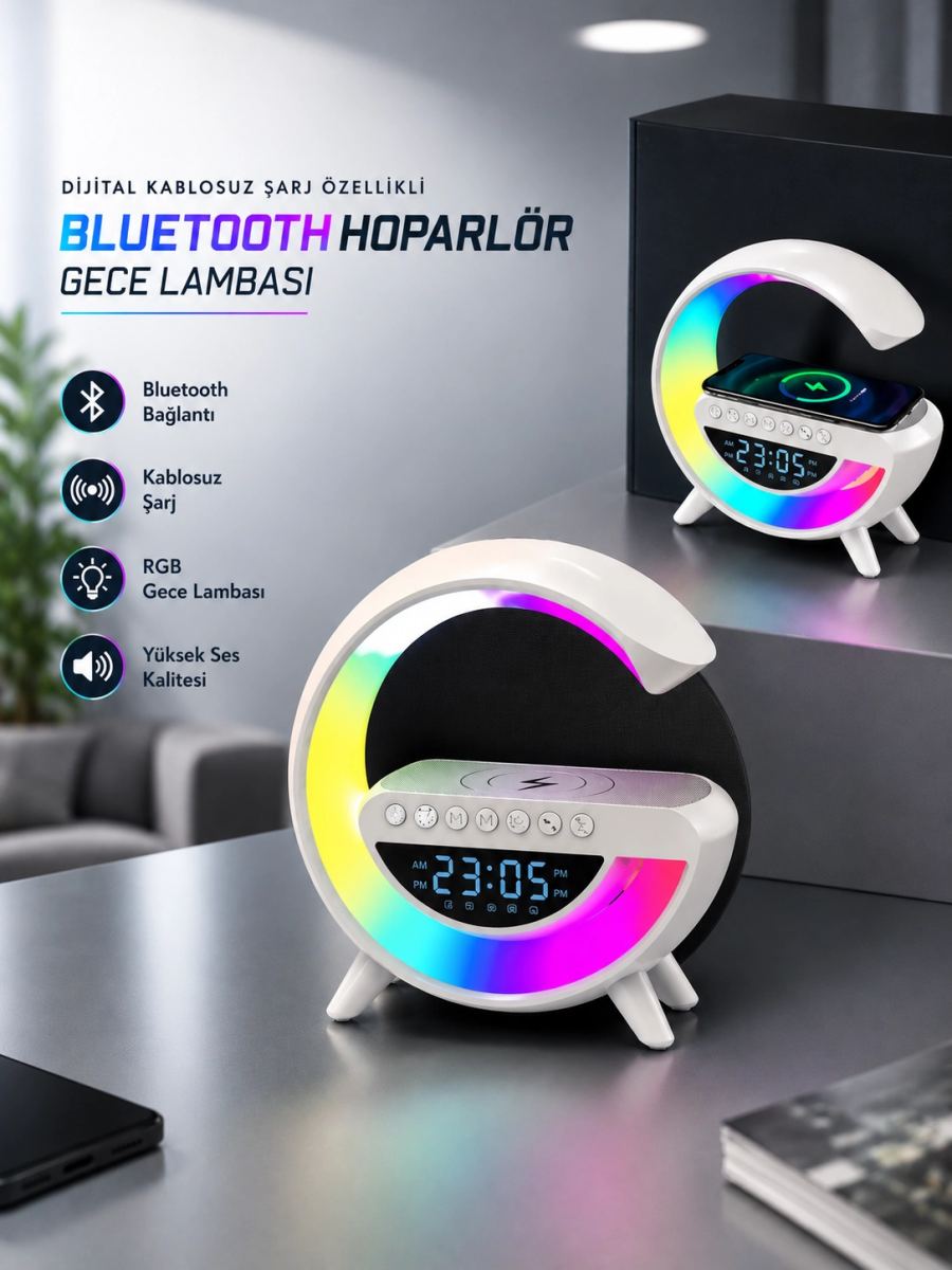 Bluetooth Hoparlör 15w Kablosuz Hızlı Şarj Led Gece Lambası