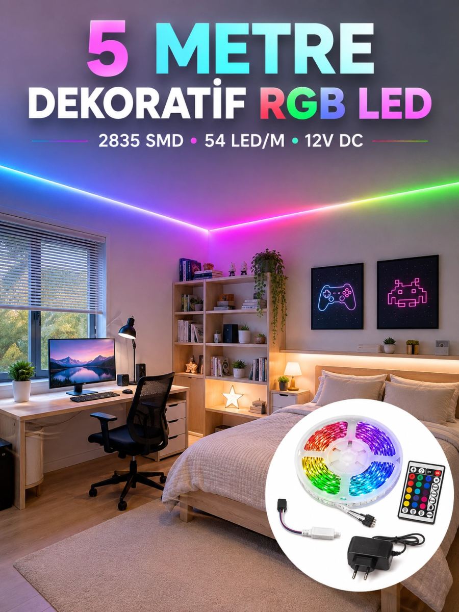 5 Metre Rgb Şerit Led 2835 Smd 54 Led/m Uzaktan Kumandalı Dekoratif Aydınlatma