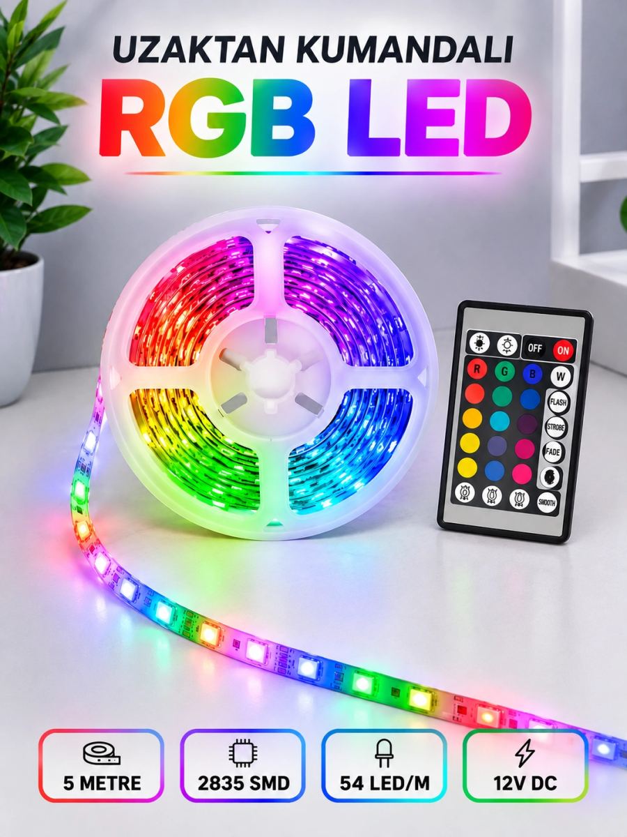 Rgb Şerit Led 5 Metre 12v 2835 Smd Kumandalı Renkli Oda Ve Ev Aydınlatması