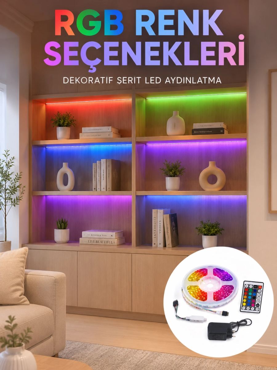 5 Metre Kumandalı Rgb Led Şerit 2835 Smd Dekoratif Tv Oda Masa Arkası Aydınlatma