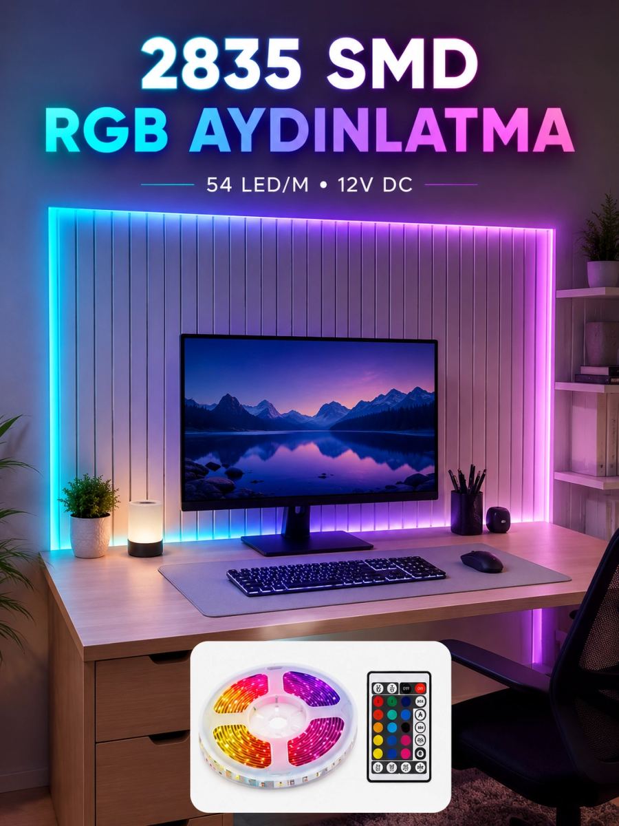5m Rgb Şerit Led Seti 12v 2835 Smd Kumandalı Ev Oda Ve Dekoratif Ambiyans Aydınlatma