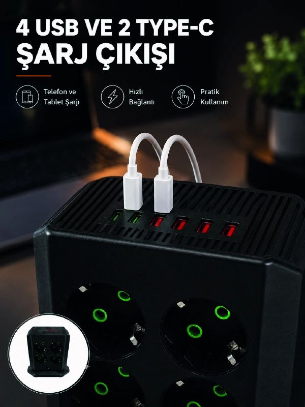 8'li Dikey Çoklu Priz 4 Usb 2 Type-c Akım Korumalı Anahtarlı Priz