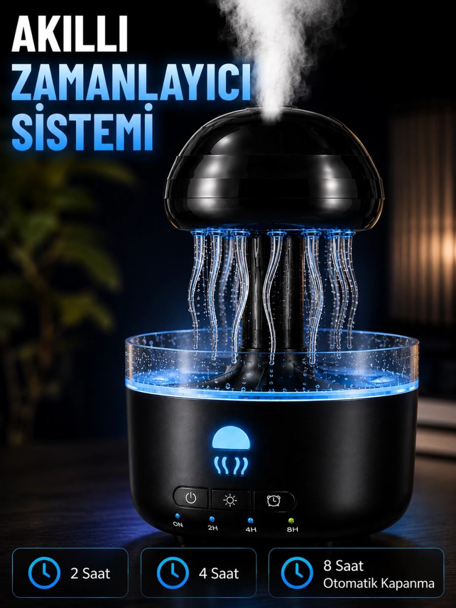 Denizanası Tasarımlı Ultrasonik Hava Nemlendirici Rgb Led Işıklı Sessiz Buhar Makinesi Zaman Ayarlı