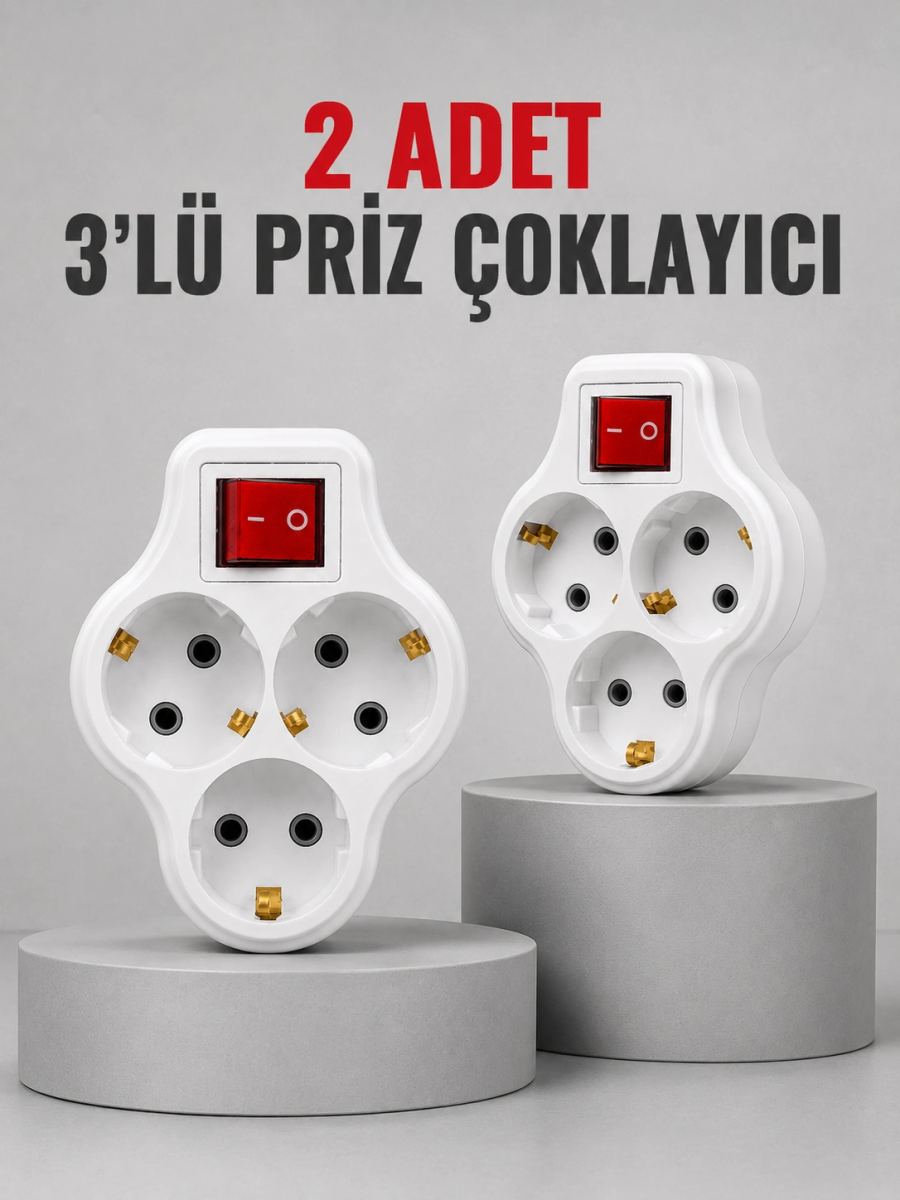 Direkt Duvar Prizine Takılan 3’lü Priz Adaptörü Anahtarlı Priz Çoklayıcı 2 Adet