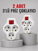 Direkt Duvar Prizine Takılan 3’lü Priz Adaptörü Anahtarlı Priz Çoklayıcı 2 Adet - 1