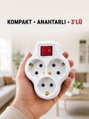 Anahtarlı 3’lü Priz Çoğaltıcı Kablosuz Duvar Tipi Topraklı Priz Çoklayıcı - 1