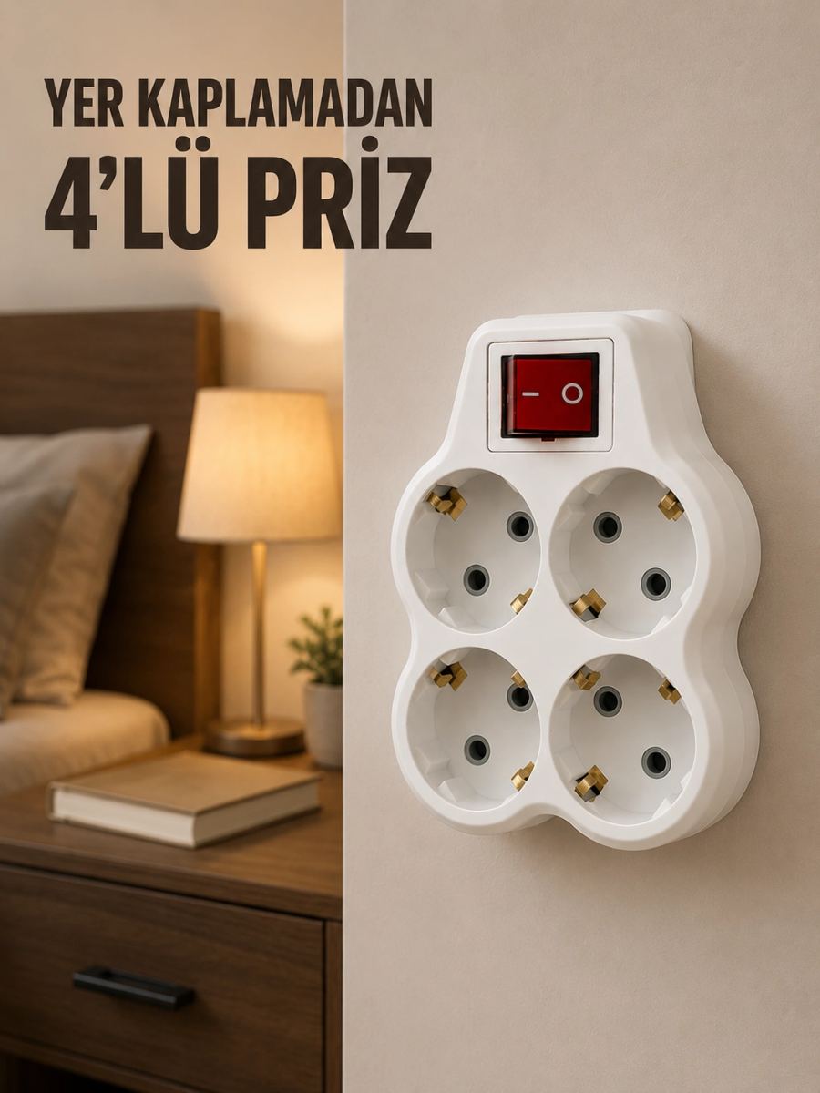 4’lü Priz Çoğaltıcı Açma Kapama Anahtarlı Kablosuz Duvar Tipi Priz Adaptörü
