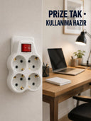Duvar Priz Çoğaltıcı 4 Çıkışlı Açma Kapama Düğmeli Kablosuz Priz Adaptörü - 1