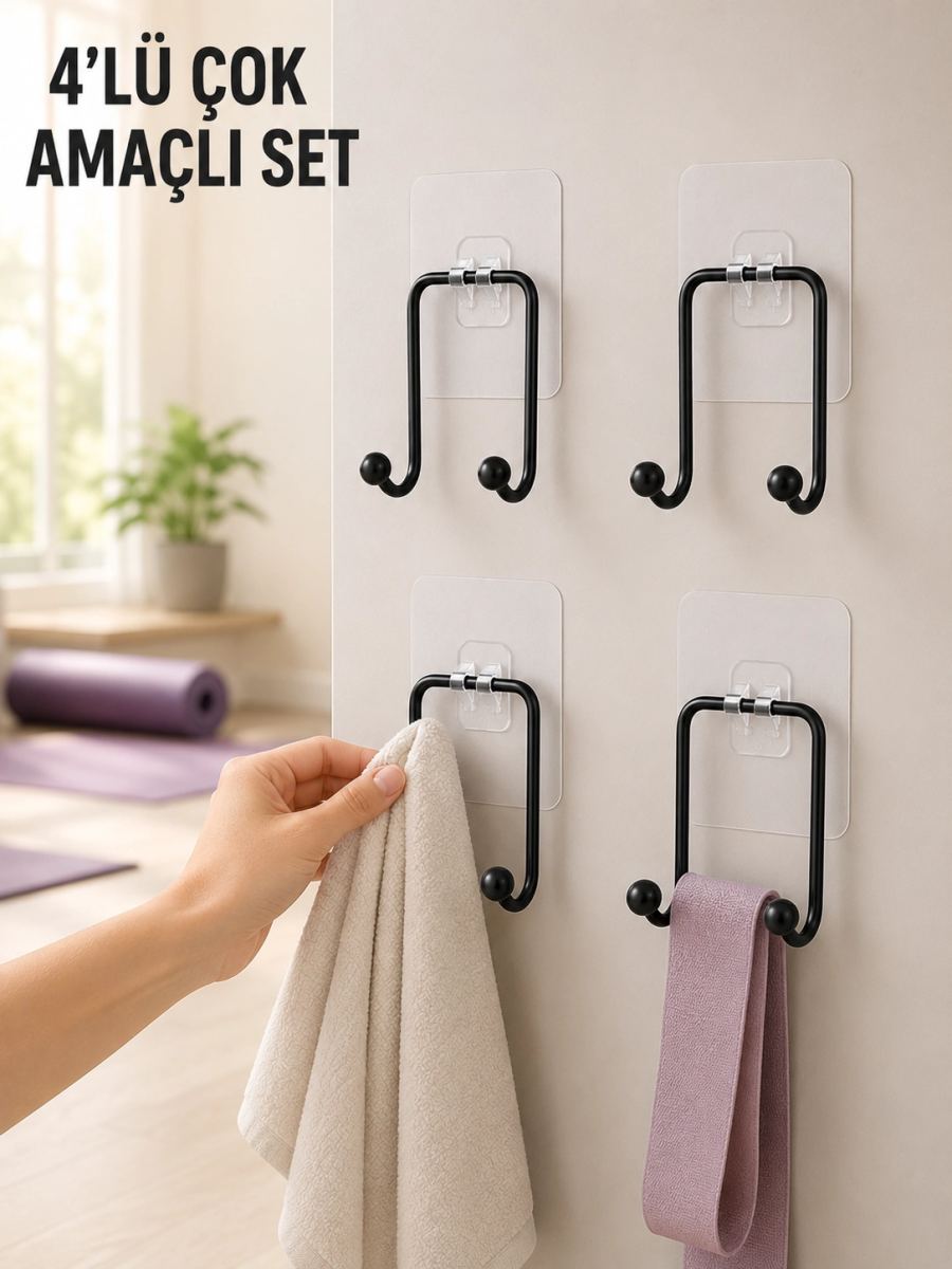 4'lü Duvar Tipi Yapışkanlı Askı Pratik Ev Ve Banyo Askılık Seti