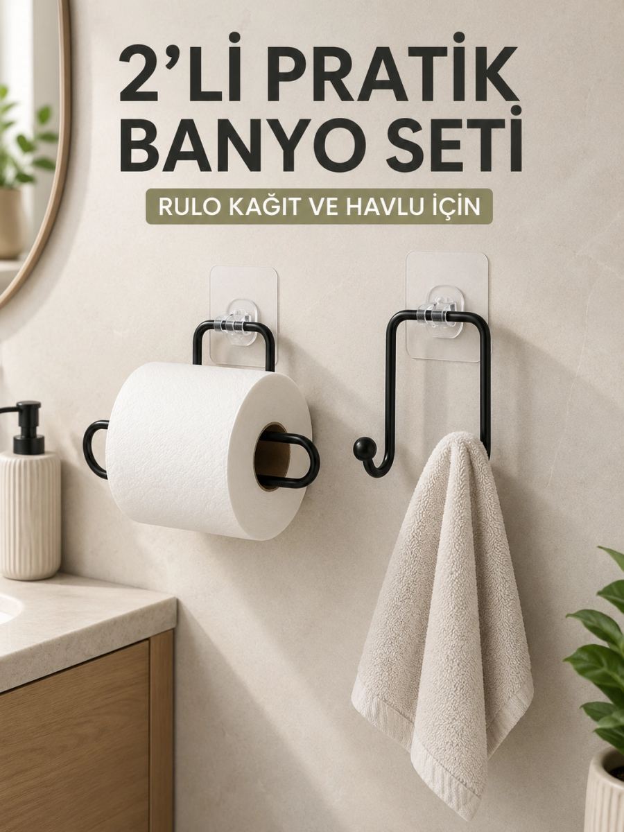2’li Yapışkanlı Banyo Düzenleme Seti Rulo Kağıt Tutucu Ve Havlu Askılığı