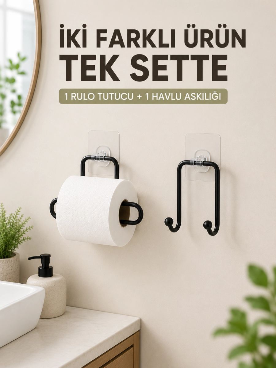 Pratik Yapışkanlı Rulo Kağıtlık Ve Havlu Bez Askılığı 2 Parça Düzenleyici Set