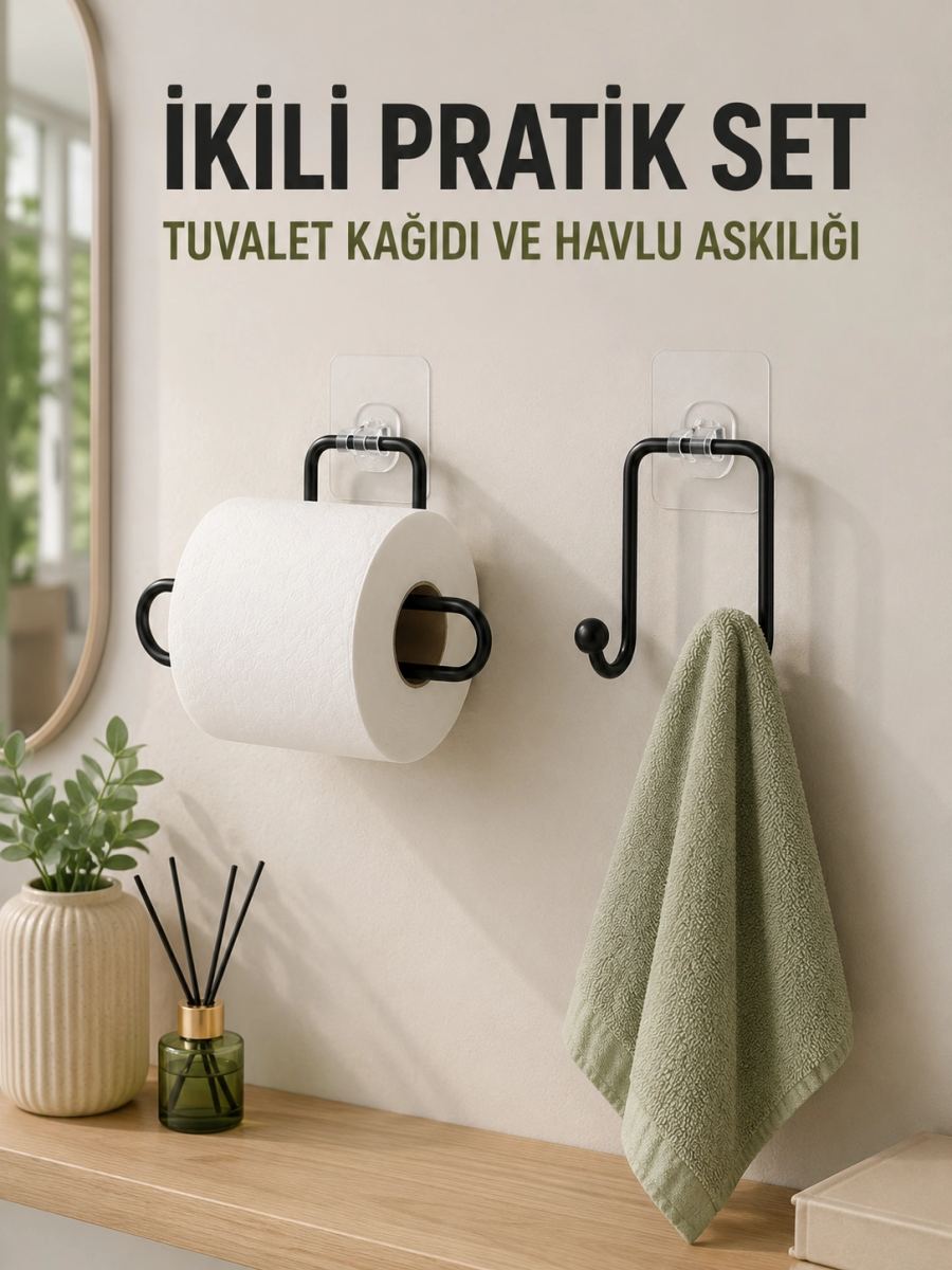 Duvara Yapışkanlı 2’li Düzenleme Seti Havlu Askısı Ve Tuvalet Kağıdı Tutucu