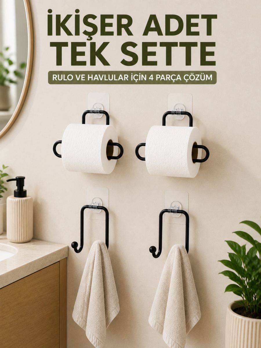 Rulo Kağıt Tutucu Ve Havlu Bez Askılığı Seti 2’şer Adet Toplam 4 Parça