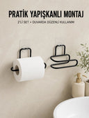 2 Adet Yapışkanlı Wc Kağıtlık Siyah Metal Pratik Duvar Tipi Rulo Tutucu - 1