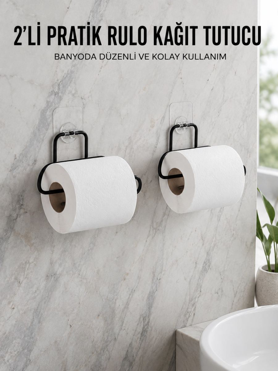 2 Adet Siyah Yapışkanlı Kağıtlık Duvar Tipi Tuvalet Kağıdı Ve Rulo Tutucu