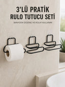 3’lü Yapışkanlı Tuvalet Kağıdı Tutucu Seti Siyah Duvar Tipi Rulo Kağıtlık - 1