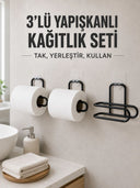 3’lü Siyah Duvar Tipi Kağıtlık Seti Yapışkanlı Pratik Rulo Tutucu - 1