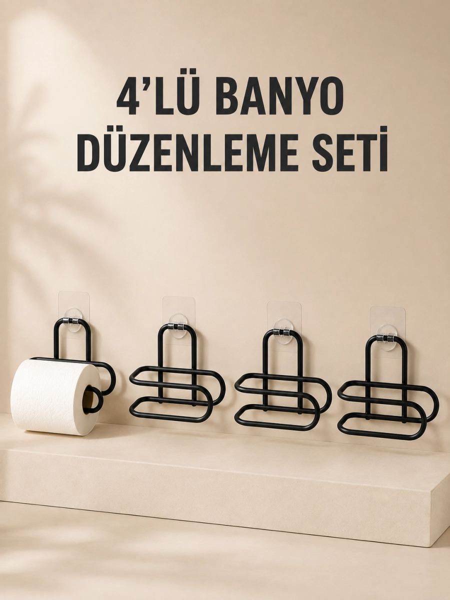 4 Adet Yapışkanlı Tuvalet Kağıdı Askısı Siyah Metal Delmeden Duvara Monte Wc Kağıtlık