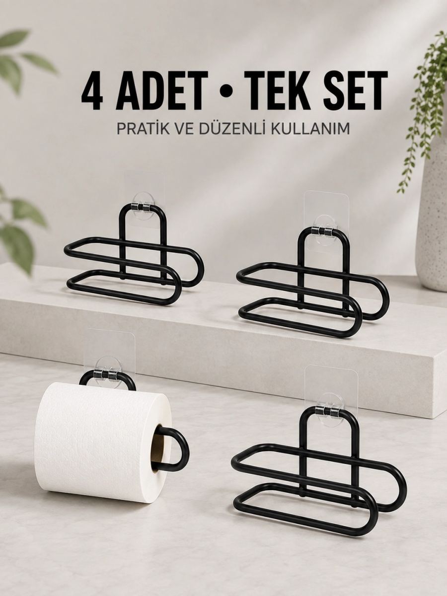 Duvara Yapışkanlı Wc Kağıtlık Siyah Metal 4 Adet Tuvalet Kağıdı Rulo Askısı