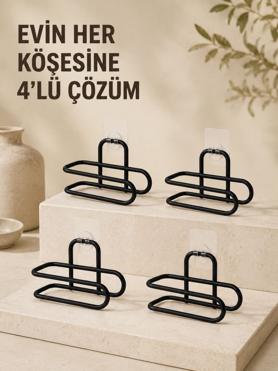 Delmeden Monte Tuvalet Kağıdı Askısı Siyah Metal Yapışkanlı Banyo Kağıtlığı 4’lü Set