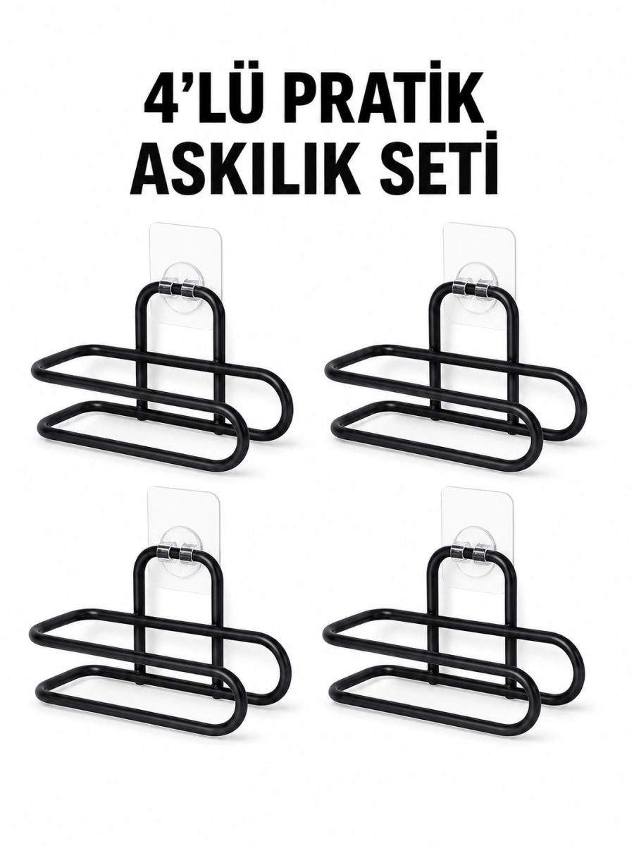 Siyah Metal Wc Kağıtlık Yapışkanlı Duvar Tipi Tuvalet Kağıdı Tutucu Seti 4 Adet