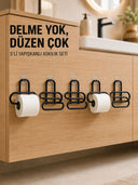 Siyah Metal Tuvalet Kağıdı Tutucu 5’li Set Yapışkanlı Duvar Tipi Banyo Wc Askısı - 1