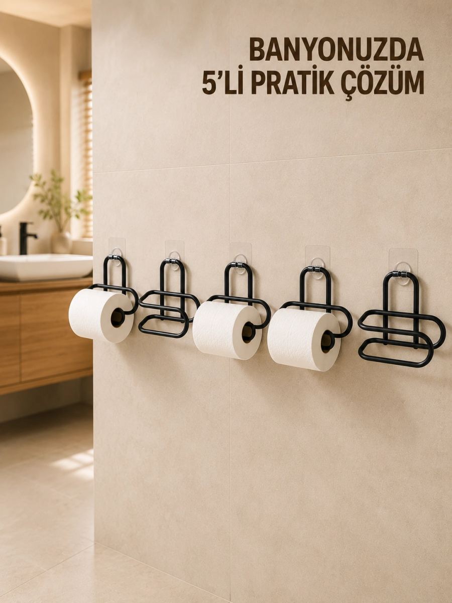 5 Adet Duvara Yapışkanlı Wc Kağıtlık Delmeden Montaj Siyah Metal Tuvalet Kağıdı Askısı