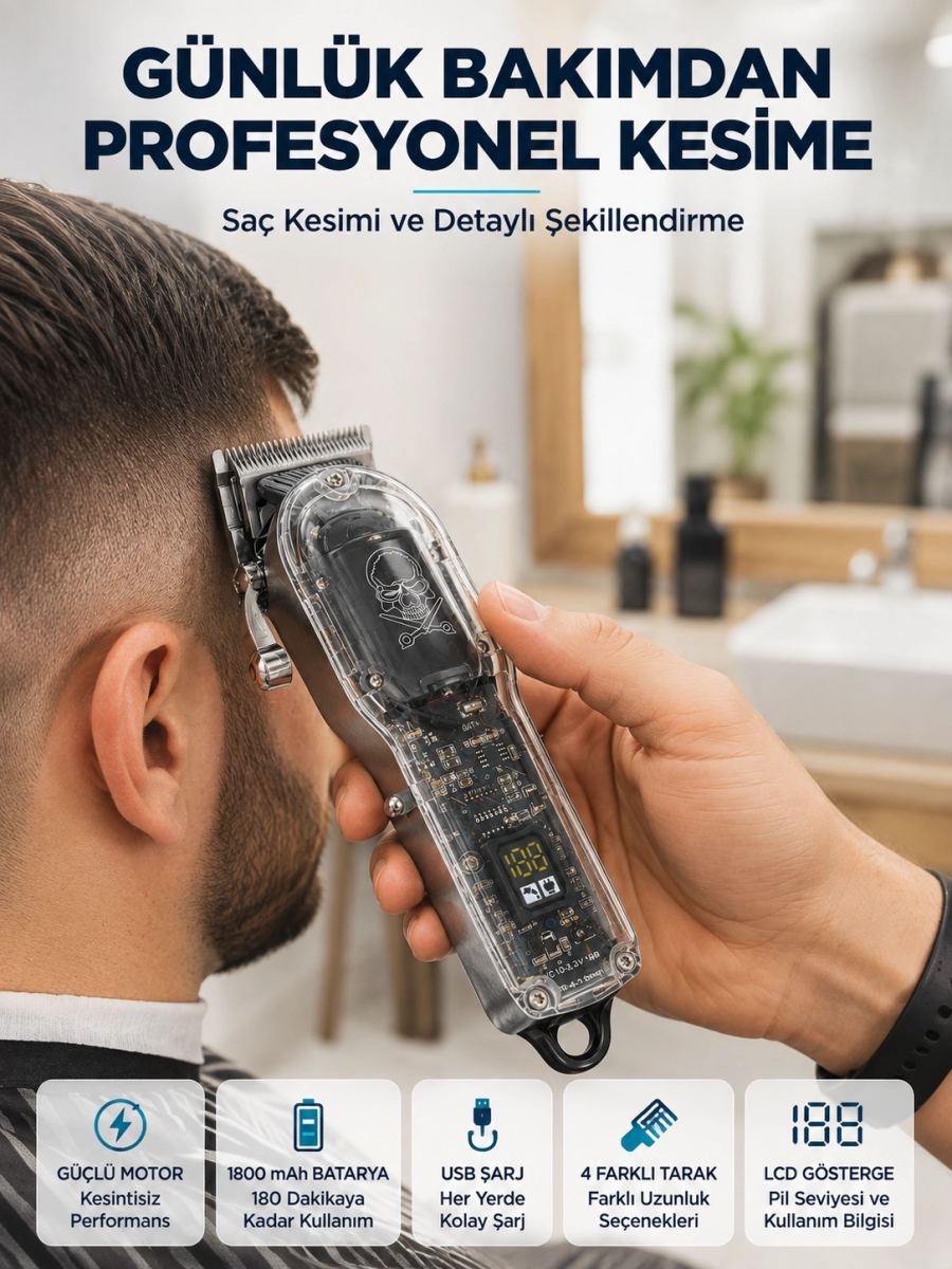 Şarjlı Saç Kesme Makinesi 4 Farklı Taraklı Lcd Pil Göstergeli Usb Şarjlı Profesyonel Erkek Tıraş Makinesi