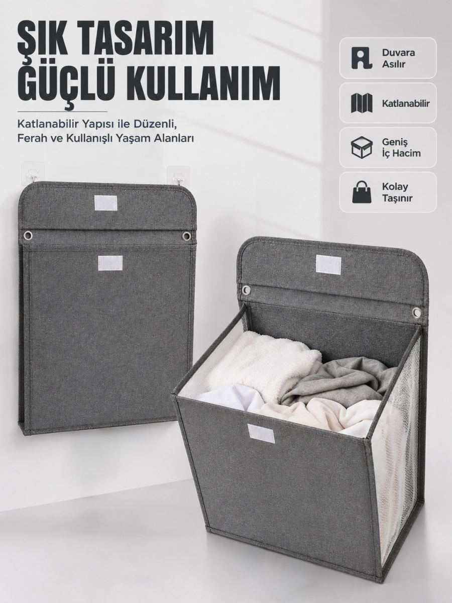 Duvara Asılabilir Katlanabilir Kirli Çamaşır Sepeti Geniş Hacimli Düzenleyici