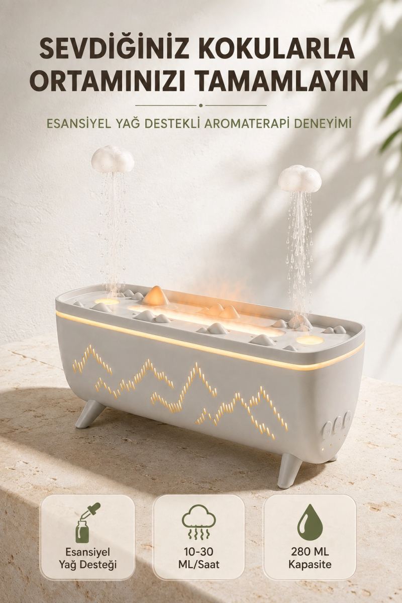 Ultrasonik Hava Nemlendirici Aromaterapi Difüzörü Jöle Yağmur Efektli Led Işıklı 280 Ml