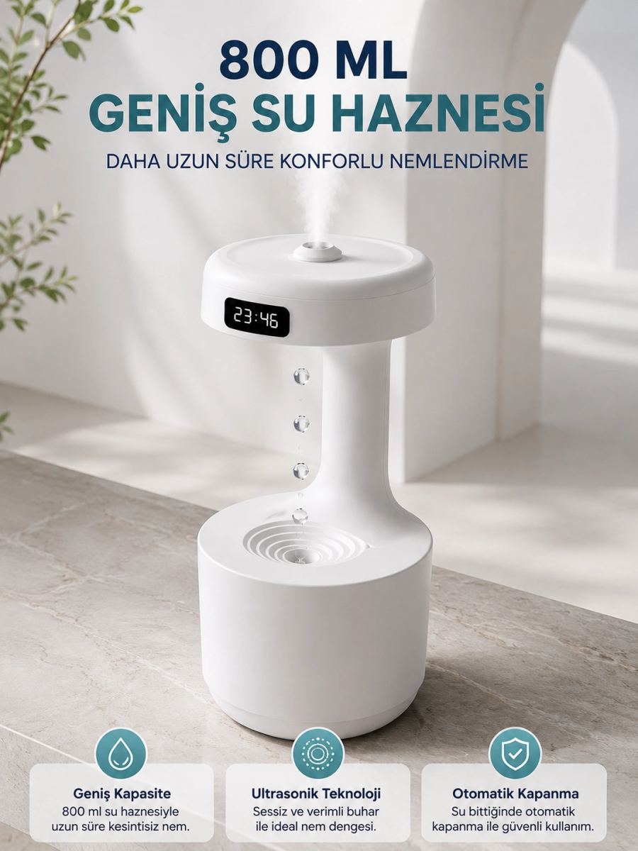 Ters Akan Su Damlası Nemlendirici 800 Ml Sessiz Ultrasonik Oda Nemlendirici