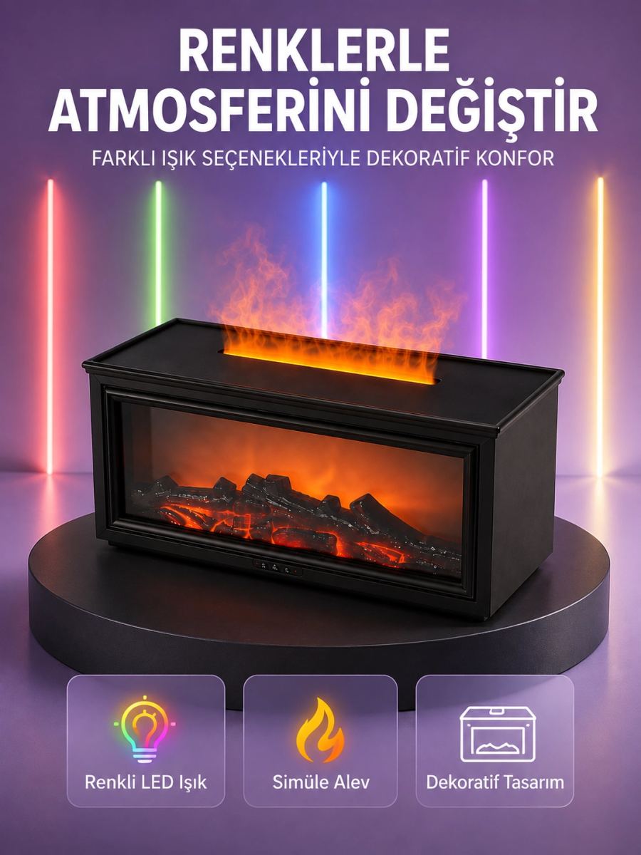 Şömine Görünümlü Hava Nemlendirici Renkli Led Işıklı Aroma Difüzörü