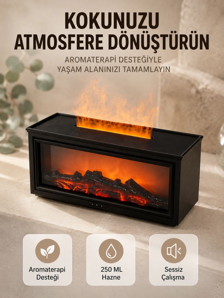 Aroma Difüzörü Simüle Alev Efektli Sessiz Hava Nemlendirici 250 Ml