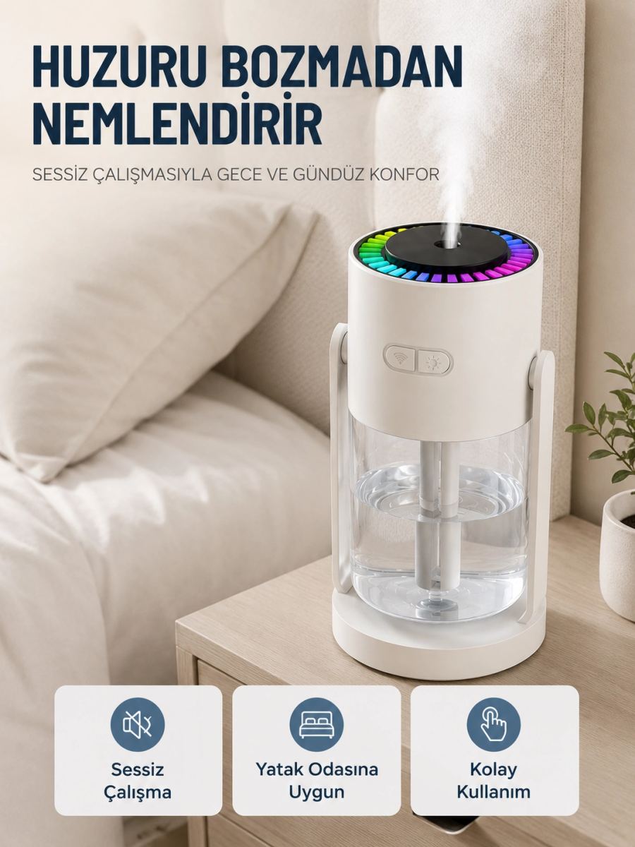 Taşınabilir Hava Nemlendirici Led Işıklı Şeffaf Hazneli Ev Ofis Yatak Odası Nemlendirme Cihazı