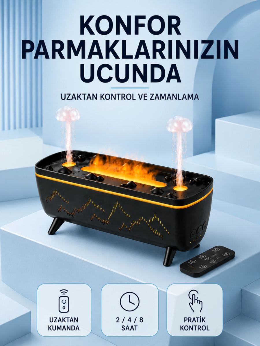 Siyah Aroma Difüzörü Jöle Damla Efektli Hava Nemlendirici Uzaktan Kumandalı Led Işıklı