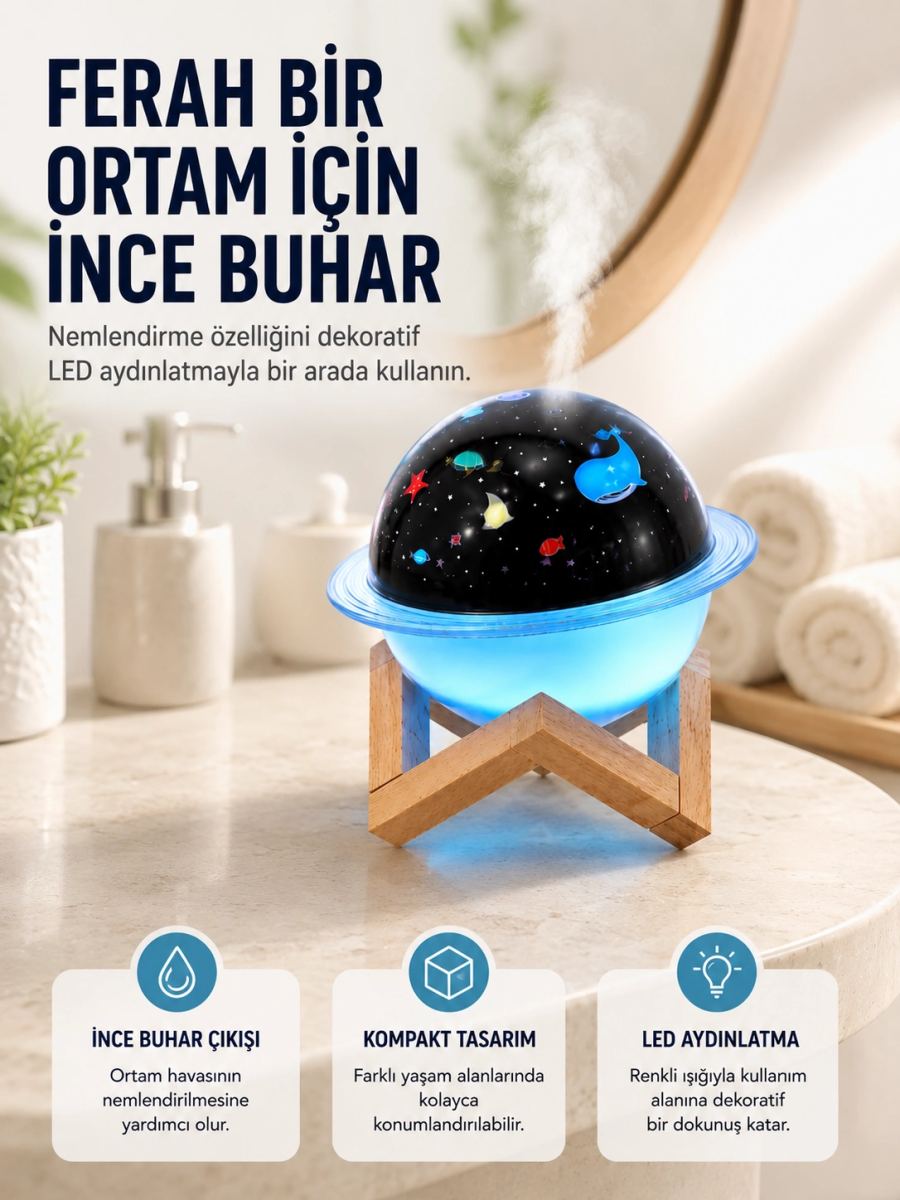 Projektör Işığı Bulunan Usb Bağlantılı Mini Aromaterapi Destekli Hava Nemlendirici
