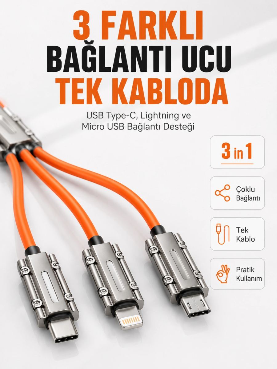 Çinko Alaşımlı Metal Konnektörlü Dayanıklı 6a Hızlı Şarj Kablosu