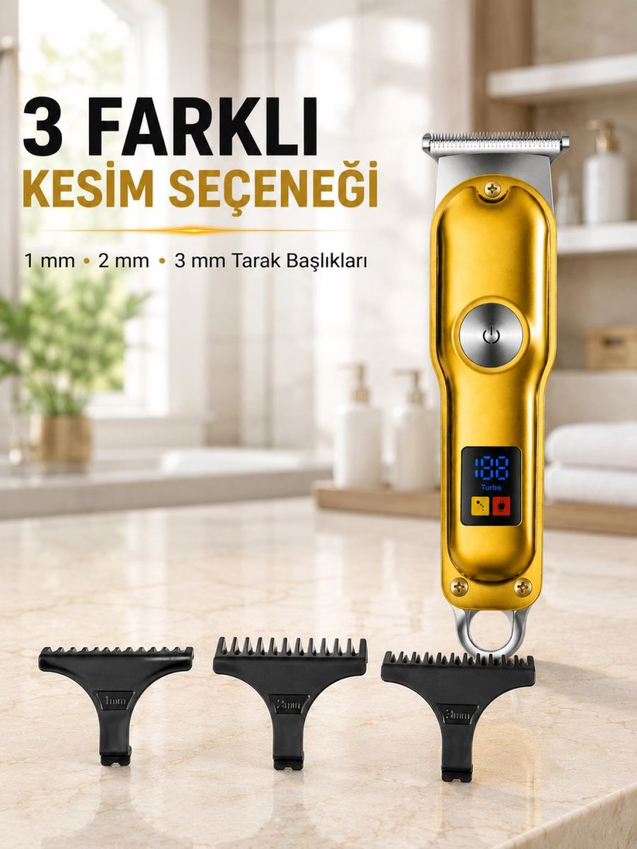 T Bıçaklı Erkek Tıraş Makinesi Usb Şarjlı Led Göstergeli Turbo Özellikli Saç Sakal Kesme Makinesi