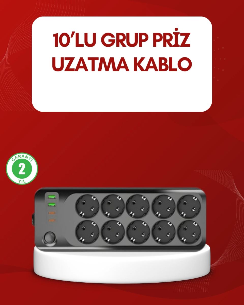 Usb Type-c Destekli 10’lu Grup Priz Termal Korumalı 2m Kablo 2500w