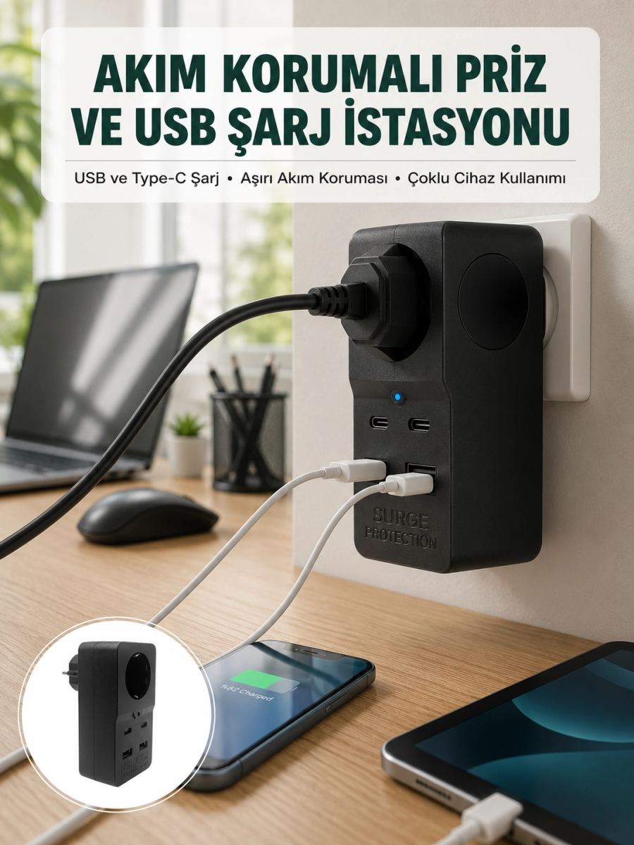 Isıya Dayanıklı Pc Gövdeli Akım Korumalı Priz 4 Usb Yeni Nesil